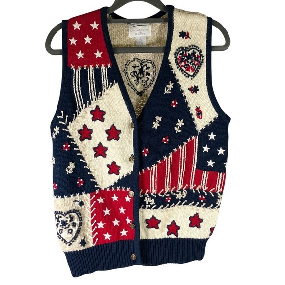 Vintage Christopher Banks Womens Small Knit Sweater Vest Embroidered Americana - Picture 1 of 11